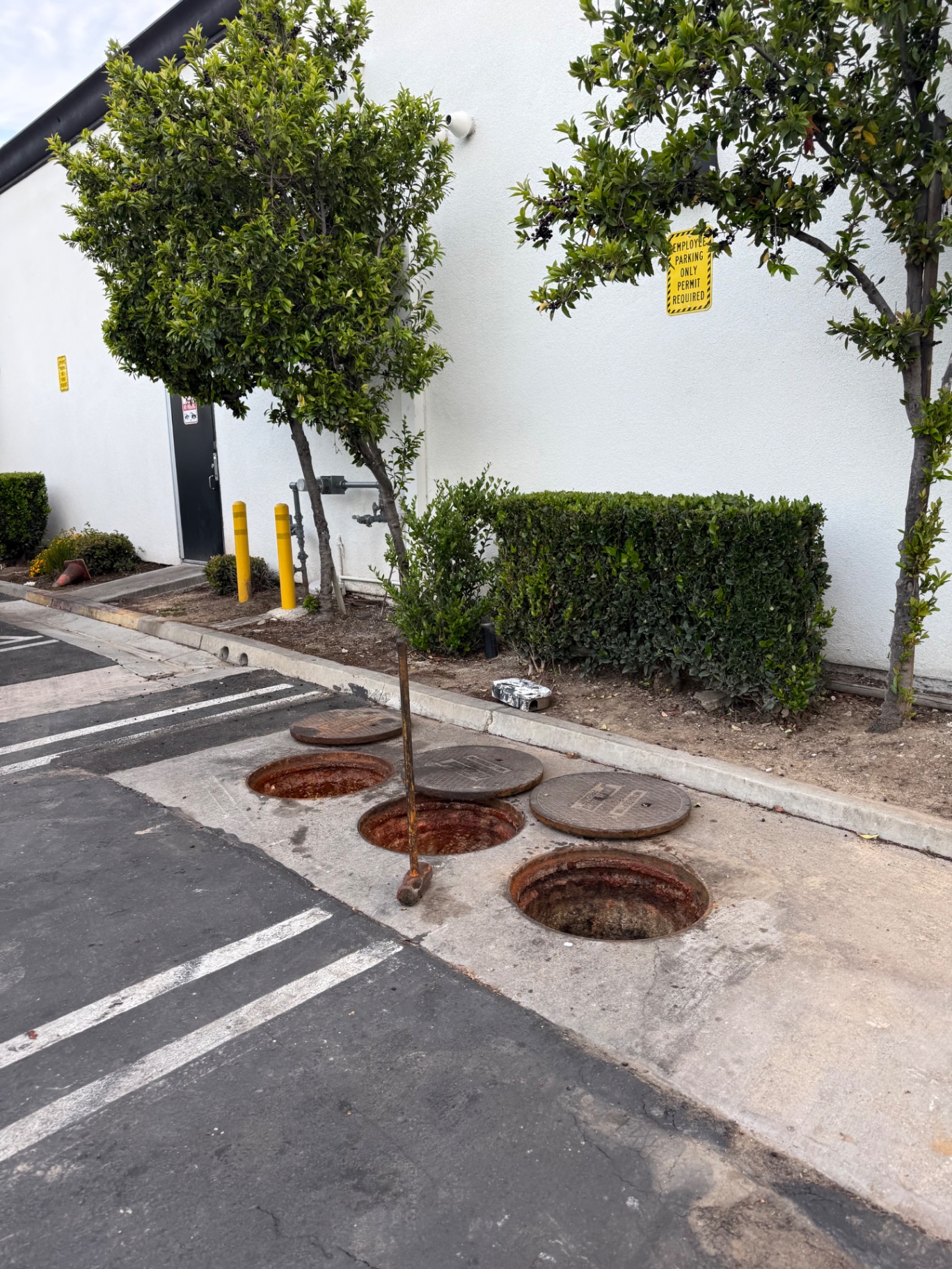Large outdoor grease interceptor with open manholes ready for pumping in Banning, California