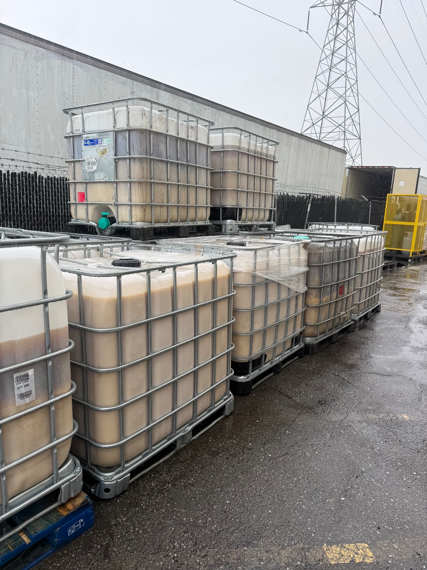 Bulk used cooking oil totes collected from restaurants in Moreno Valley, California