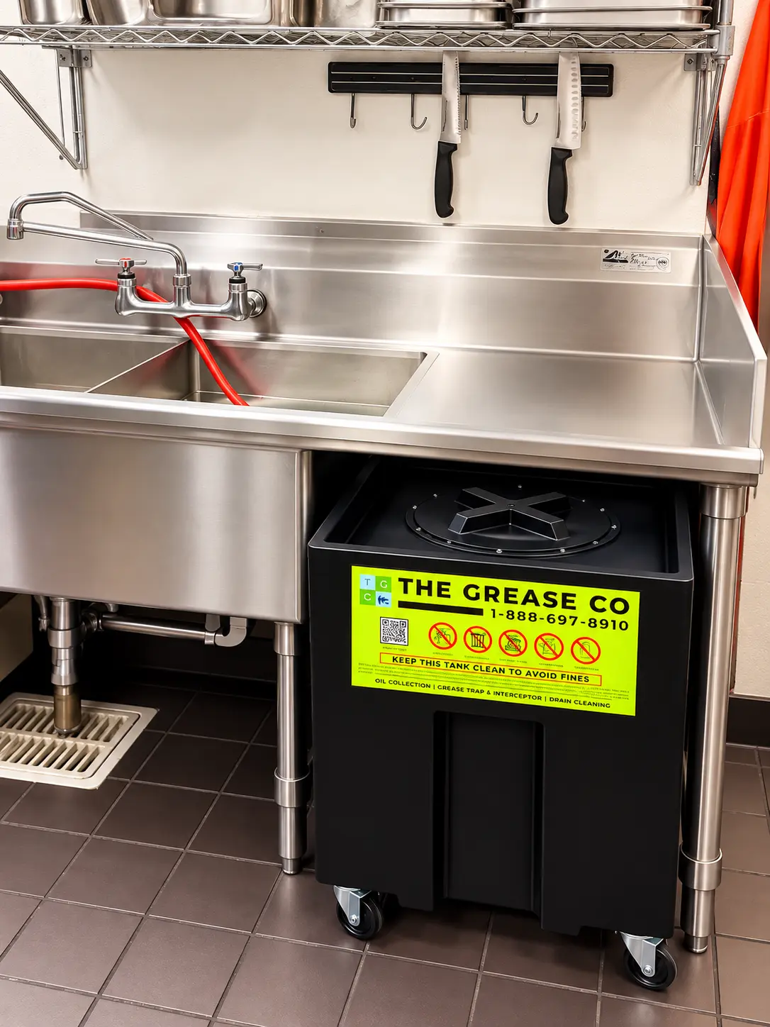 Compact wheeled cooking oil caddy under a commercial sink in Corona, California