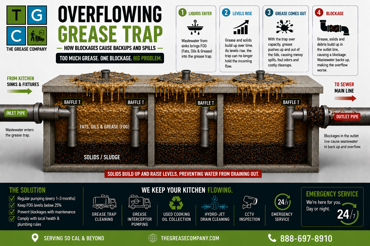 Diagram showing how an overflowing grease interceptor fills with FOG and solids until grease exits the lids and blocks the outlet pipe